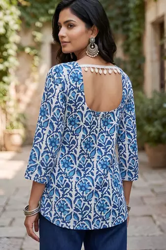 Blue  pure cotton printed tunic for women