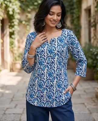 Blue  pure cotton printed tunic for women 4