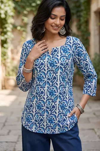 Blue  pure cotton printed tunic for women