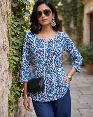 Blue  pure cotton printed tunic for women 5
