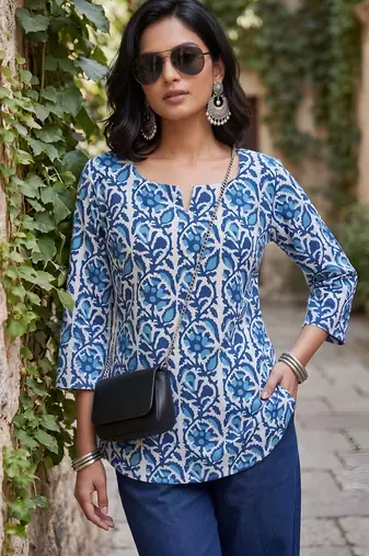 Blue  pure cotton printed tunic for women