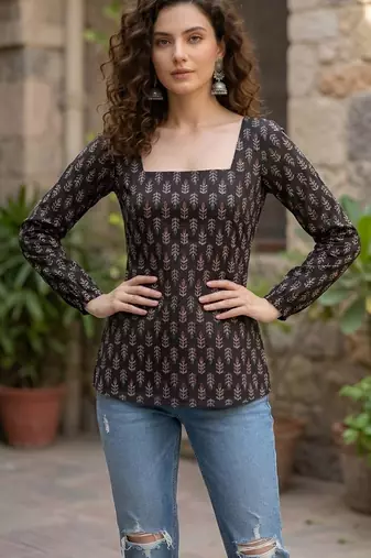 Black  pure cotton printed tunic for women