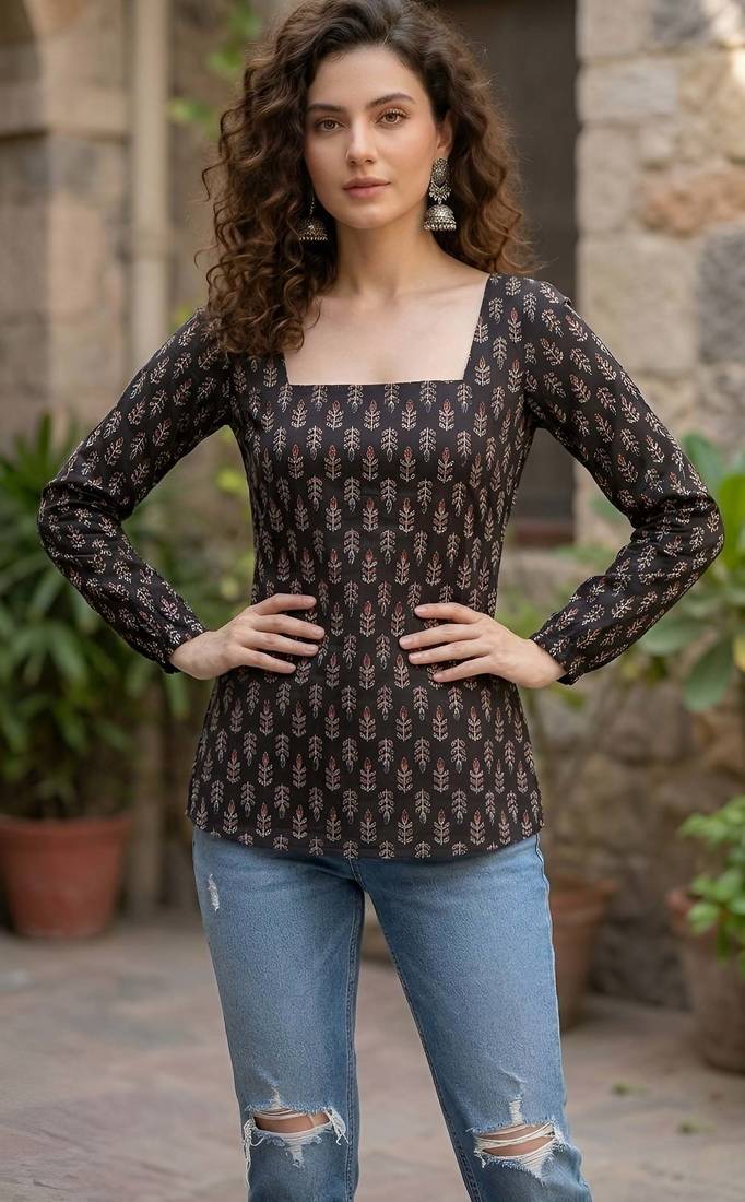 Black  pure cotton printed tunic for women