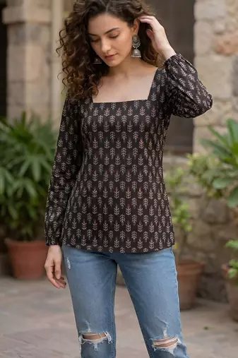 Black  pure cotton printed tunic for women