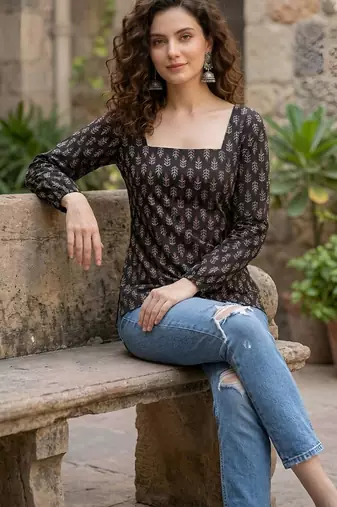 Black  pure cotton printed tunic for women