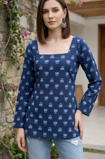 Blue  pure cotton printed tunic for women