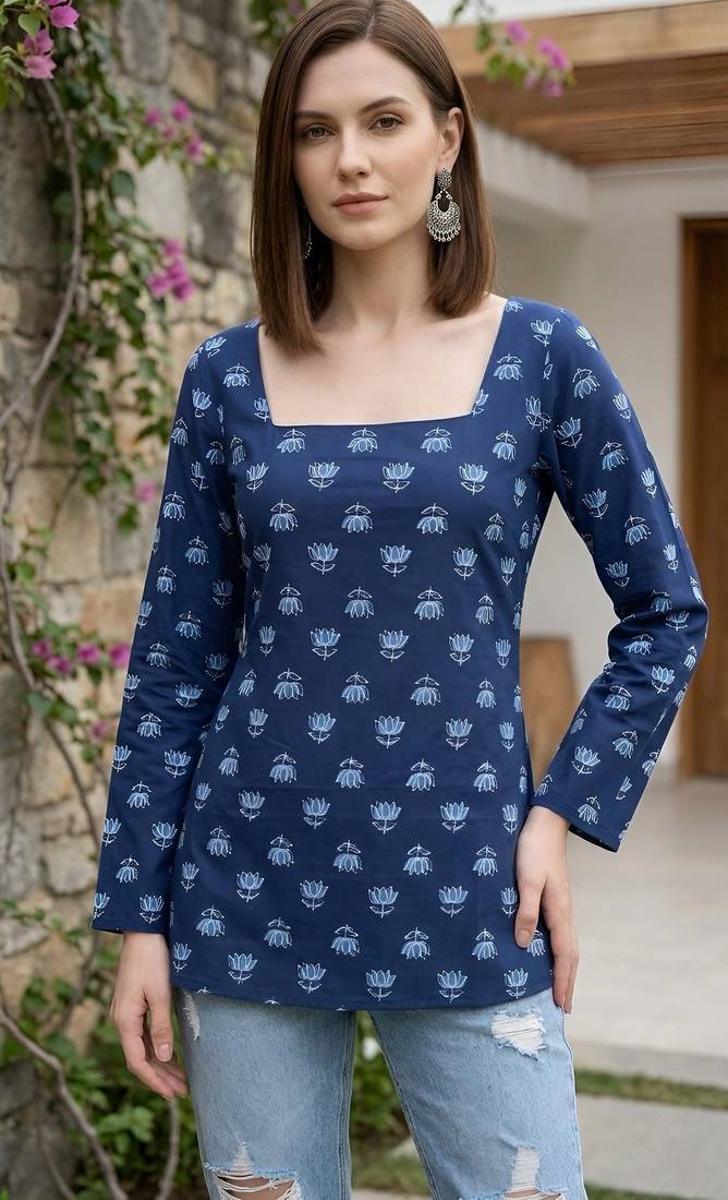 Blue  pure cotton printed tunic for women