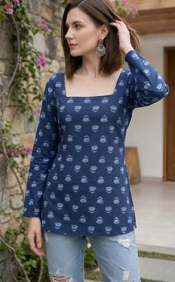 Blue  pure cotton printed tunic for women 3