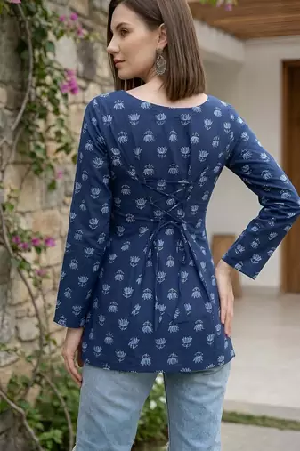 Blue  pure cotton printed tunic for women