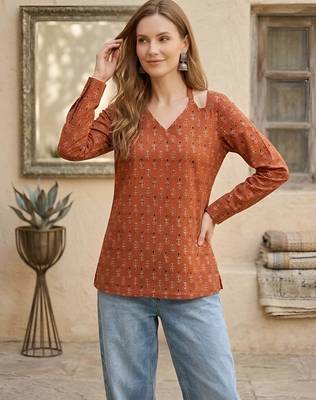 Orange  pure cotton printed tunic for women 1