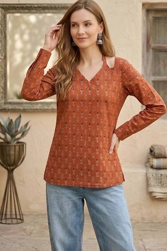 Orange  pure cotton printed tunic for women