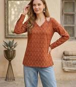 Orange  pure cotton printed tunic for women