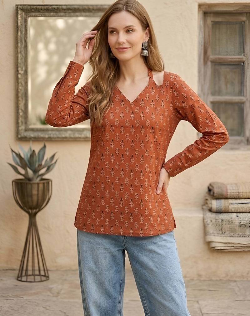 Orange  pure cotton printed tunic for women