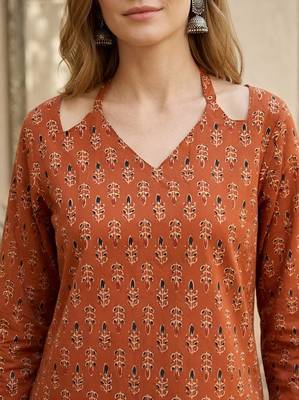 Orange  pure cotton printed tunic for women 2