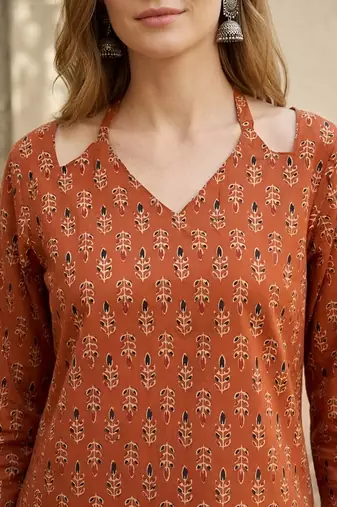 Orange  pure cotton printed tunic for women
