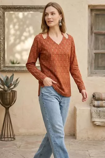 Orange  pure cotton printed tunic for women