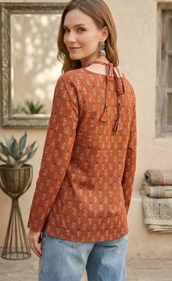 Orange  pure cotton printed tunic for women 4