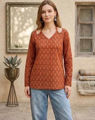 Orange  pure cotton printed tunic for women 5