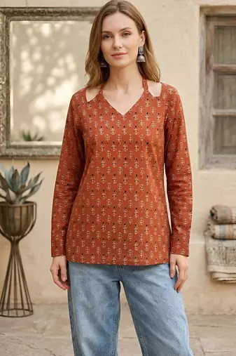 Orange  pure cotton printed tunic for women