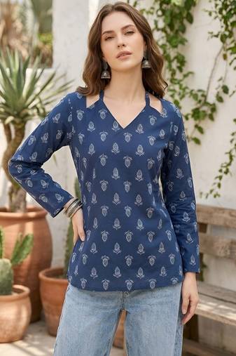 Blue  pure cotton printed tunic for women