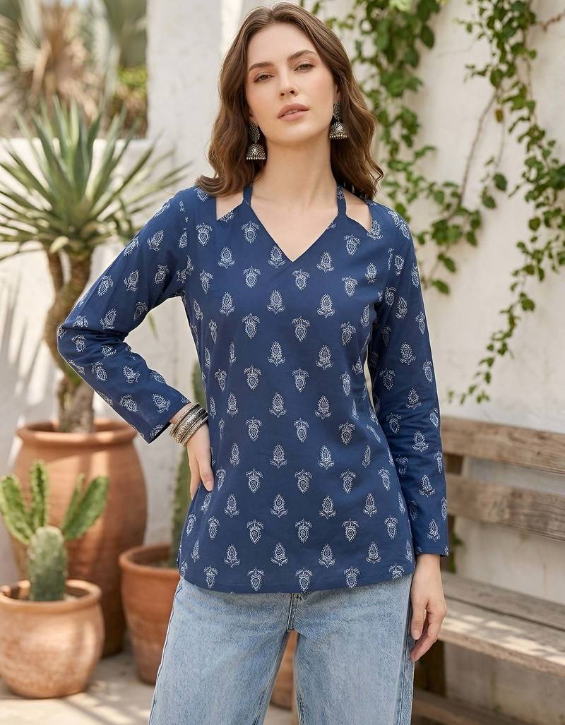 Blue  pure cotton printed tunic for women