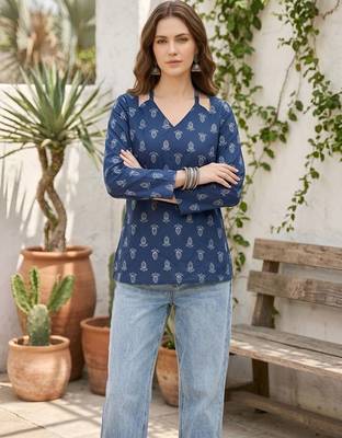 Blue  pure cotton printed tunic for women 3
