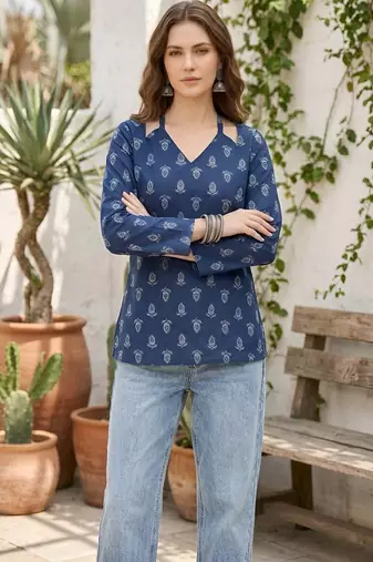 Blue  pure cotton printed tunic for women