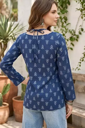 Blue  pure cotton printed tunic for women