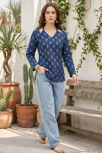 Blue  pure cotton printed tunic for women