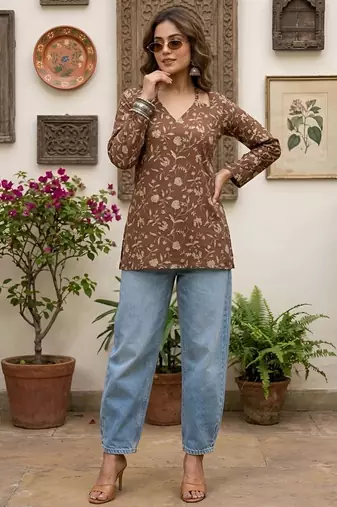 Brown  pure cotton printed tunic for women