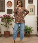 Brown  pure cotton printed tunic for women