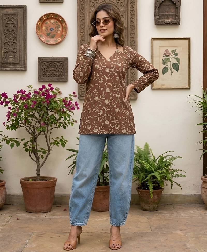 Brown  pure cotton printed tunic for women