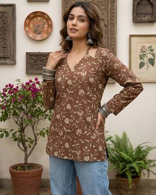 Brown  pure cotton printed tunic for women 2