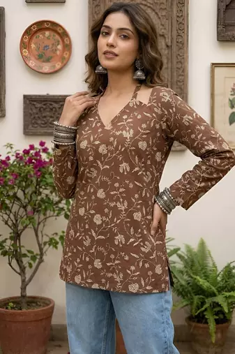 Brown  pure cotton printed tunic for women