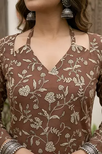 Brown  pure cotton printed tunic for women