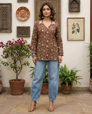 Brown  pure cotton printed tunic for women 5