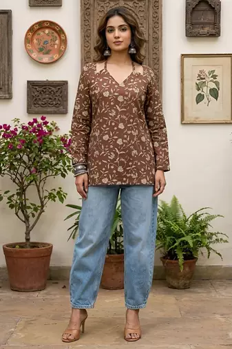 Brown  pure cotton printed tunic for women