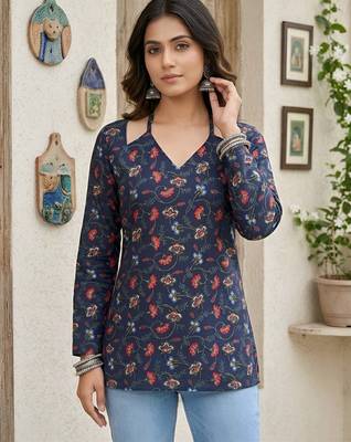 Blue  pure cotton printed tunic for women 1