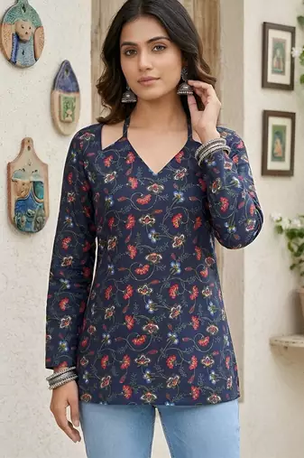 Blue  pure cotton printed tunic for women