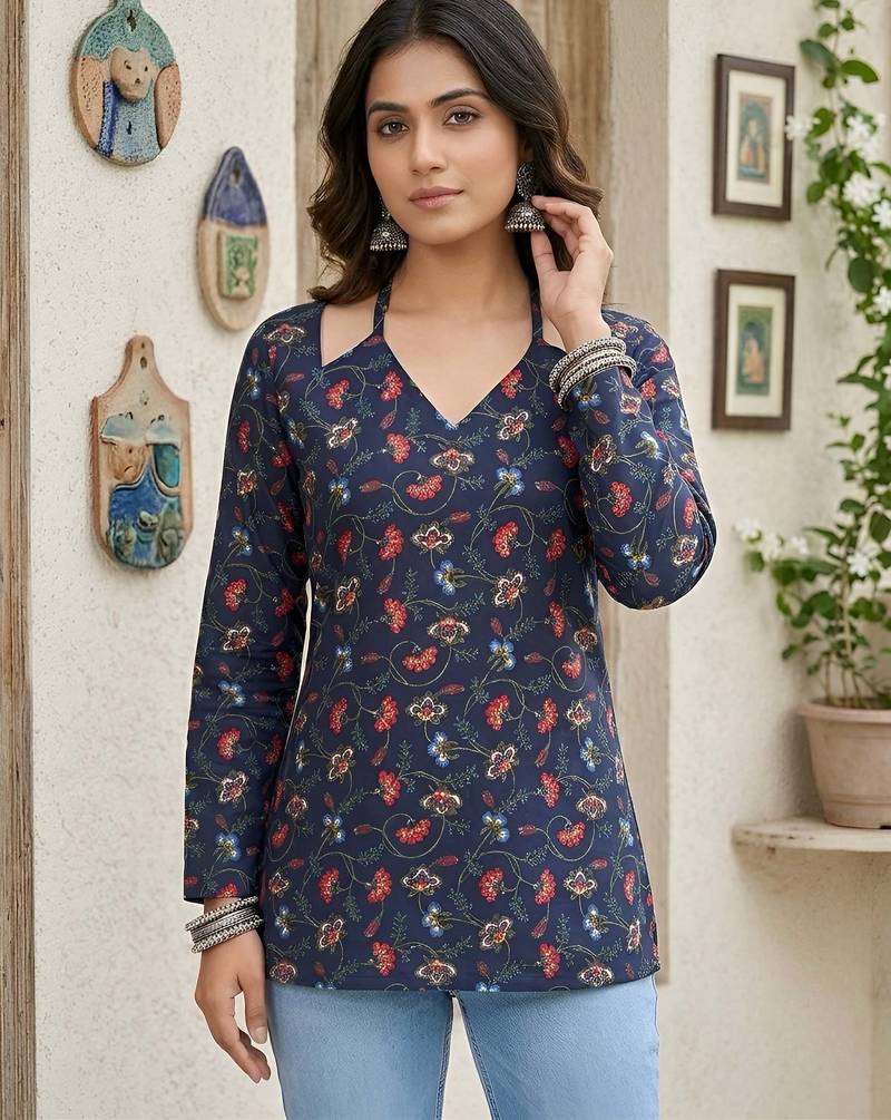 Blue  pure cotton printed tunic for women