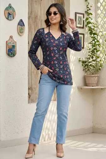 Blue  pure cotton printed tunic for women