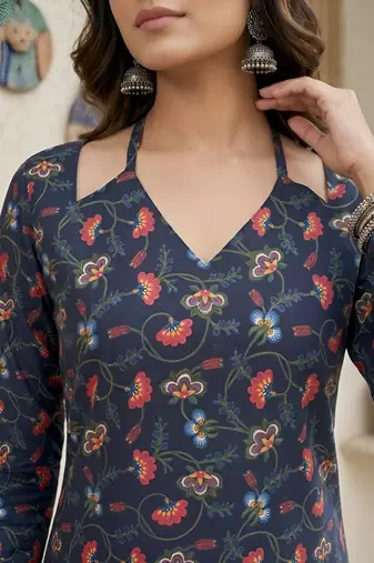 Blue  pure cotton printed tunic for women