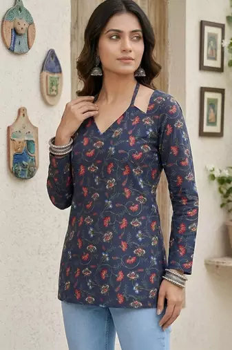 Blue  pure cotton printed tunic for women