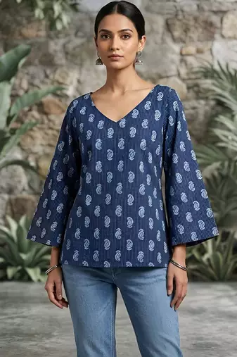 Blue  pure cotton printed tunic for women