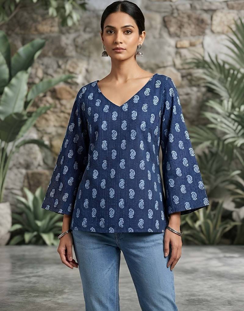 Blue  pure cotton printed tunic for women