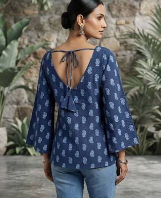 Blue  pure cotton printed tunic for women 2