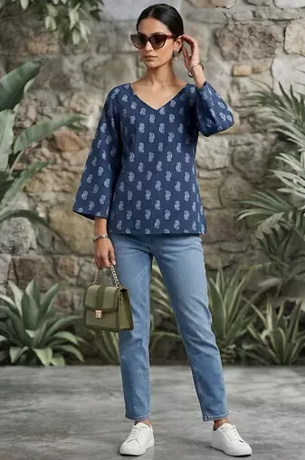 Blue  pure cotton printed tunic for women