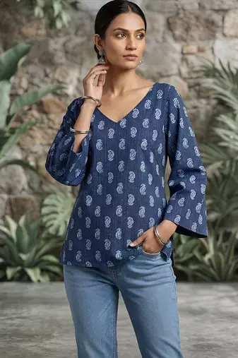 Blue  pure cotton printed tunic for women
