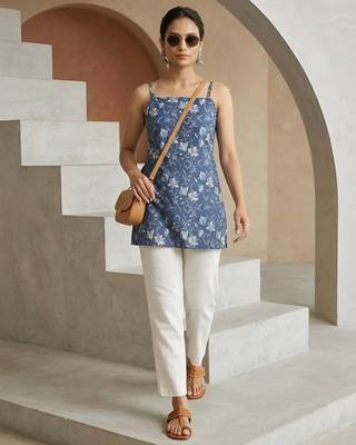 Blue  pure cotton printed tunic for women 1