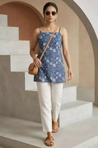 Blue  pure cotton printed tunic for women